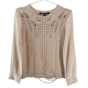 BOUNDARY & CO. Distressed Look Knit & Silk Sleeve Sweater • XS‎ • nude, beige